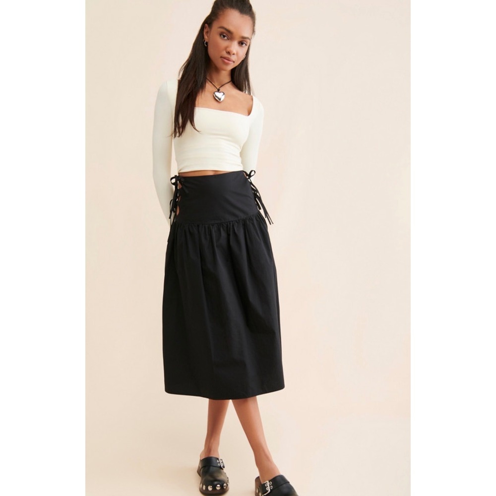 Allina Liu Midi Skirt Womens Small Black Excellent Side Tie Bubble Hem Cotton